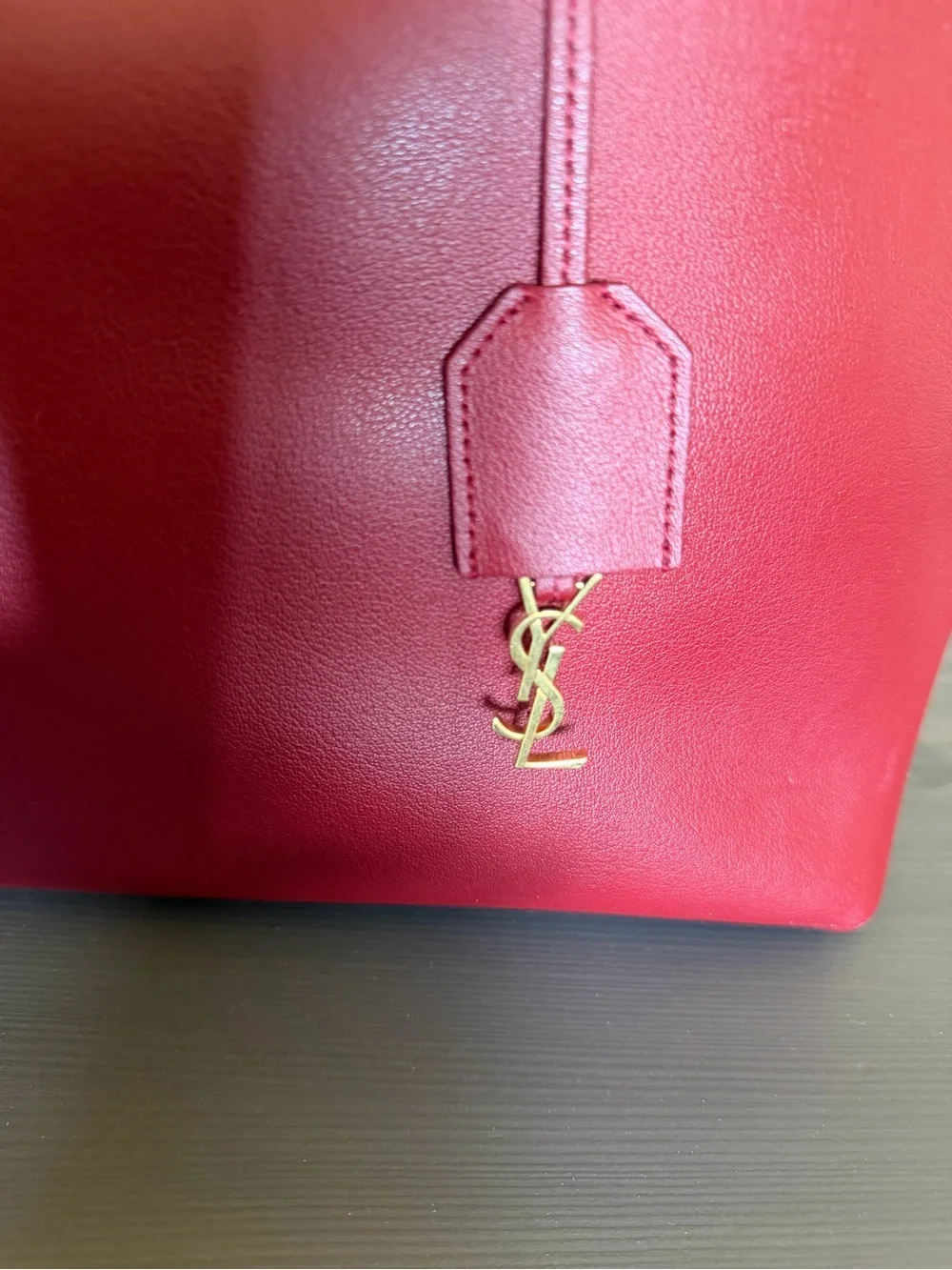 Yves SAINT LAURENT YSL Calfskin Large Shopping Tote Red Burgundy Pre Owned
